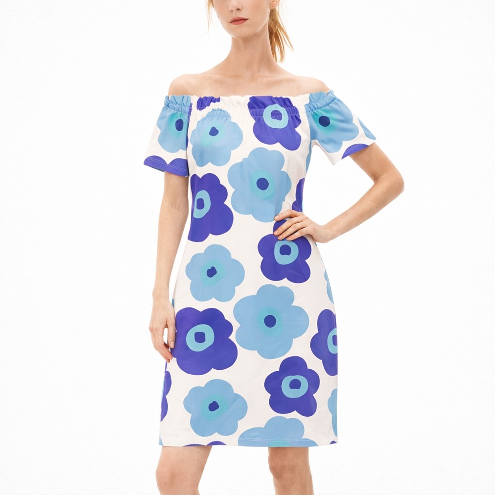 Sailor Sailor Blue Floral Off Shoulder Dress Stretch Sheath Mod Preppy Size S